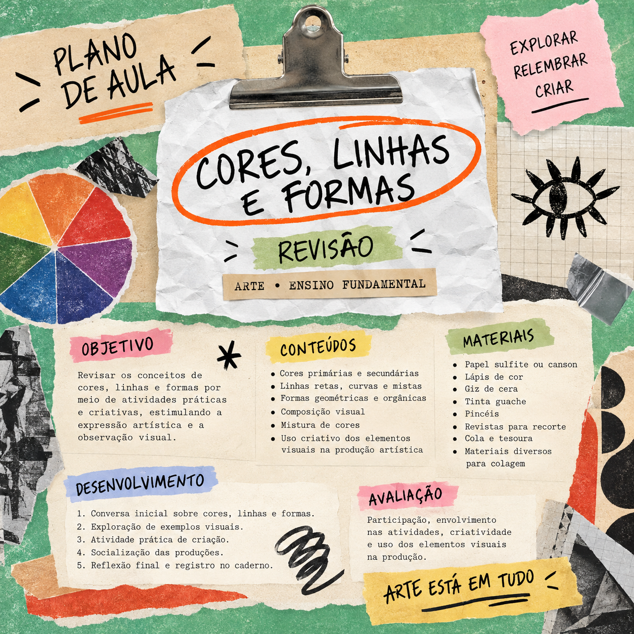 Plano de aula Cores, linhas e formas, com objetivo, conteúdos, materiais e desenvolvimento