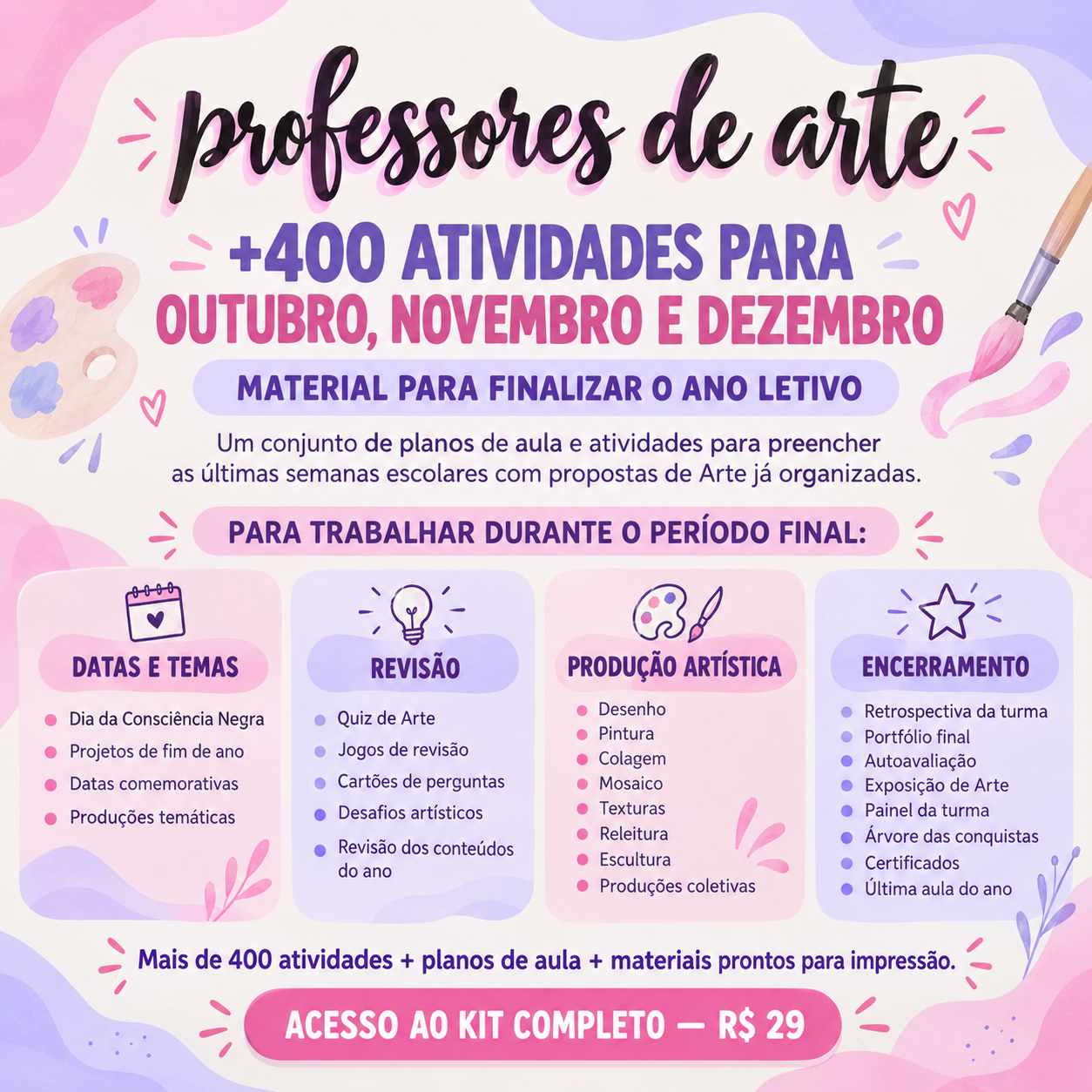 Visão geral de atividades para outubro, novembro e dezembro, organizadas por datas, revisão, produção e encerramento