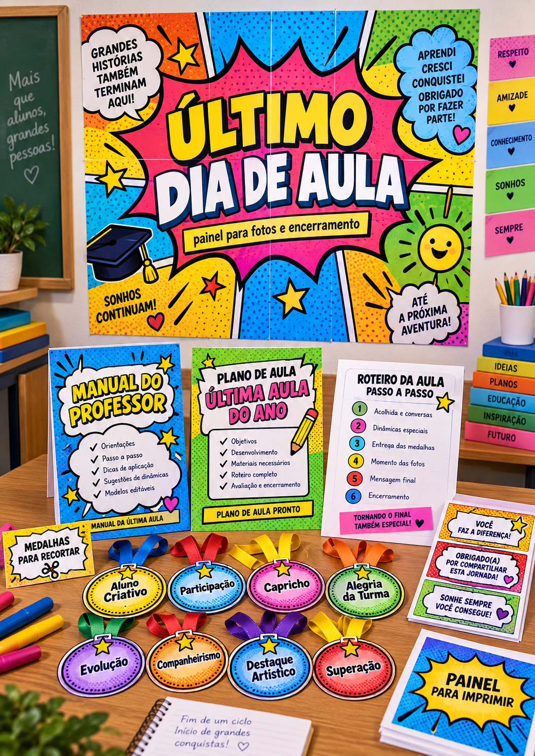 Kit Último Dia de Aula com painel, plano, roteiro, medalhas e cartões para encerramento