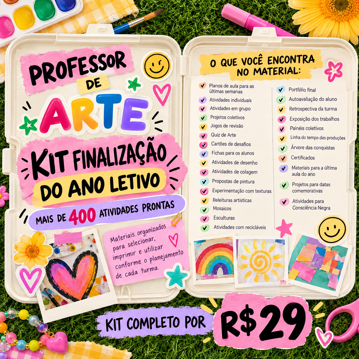 Maleta aberta apresentando os conteúdos do Kit Finalização do Ano Letivo para professores de Arte