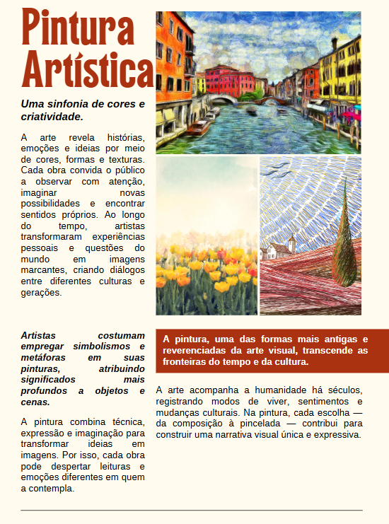 Página de conteúdo sobre pintura artística, cores, técnicas e referências visuais