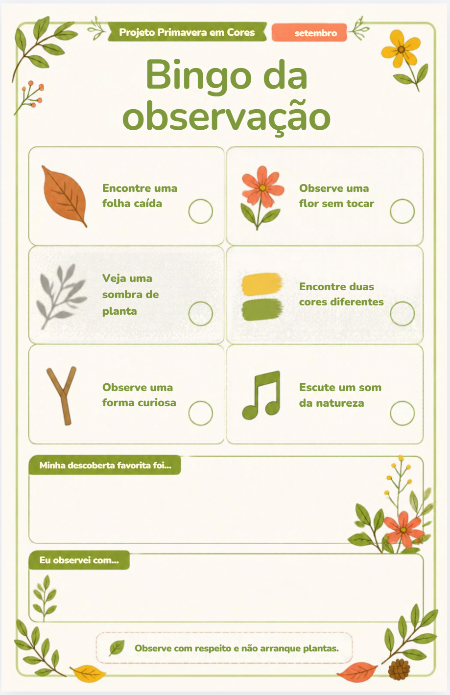 Bingo da observação com desafios sobre folhas, flores, cores, formas e sons da natureza