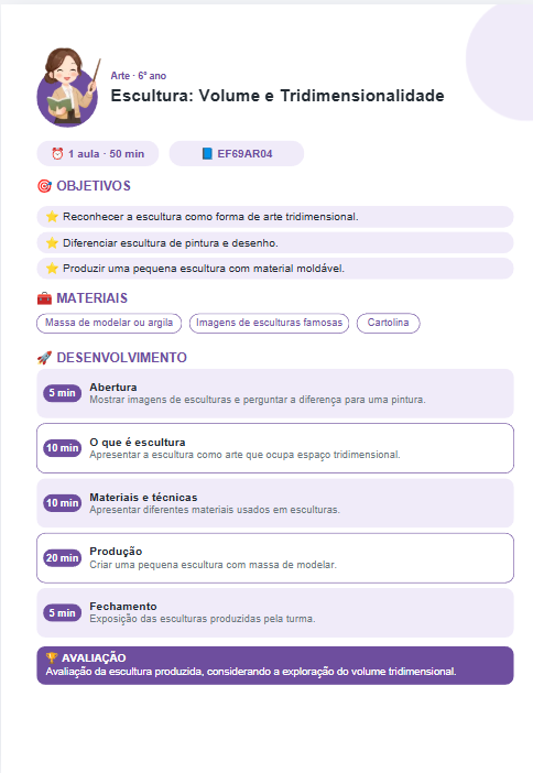 Página do plano de aula Escultura: Volume e Tridimensionalidade