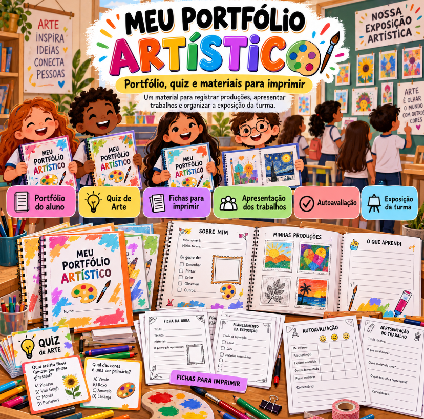 Meu Portfólio Artístico com portfólio, quiz, fichas, autoavaliação e exposição da turma